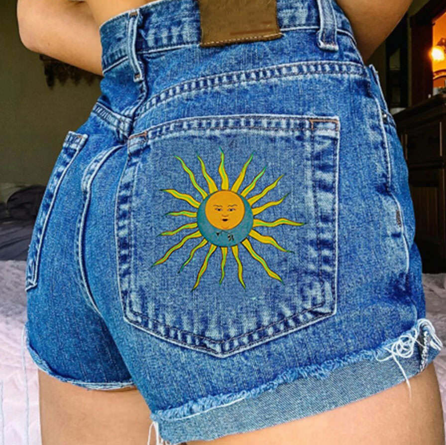 Y2K Aesthetic Sun and Moon Embroidered Shorts for Trendy Outfits