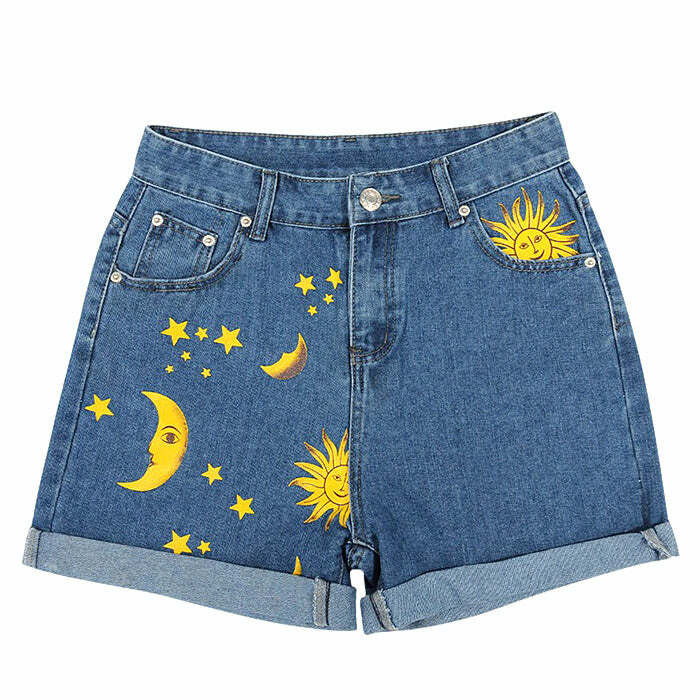 Y2K Aesthetic Sun and Moon Print Shorts for Trendy Summer Vibes