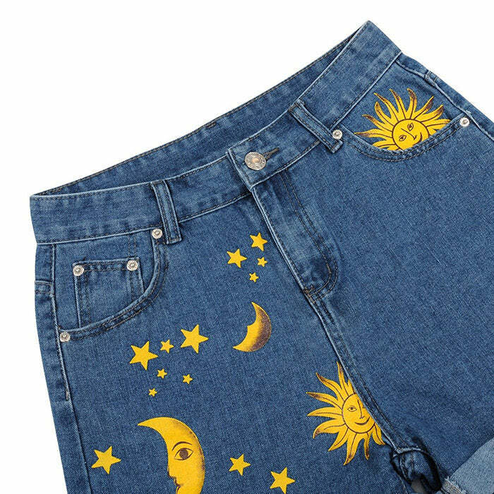 Y2K Aesthetic Sun and Moon Print Shorts for Trendy Summer Vibes