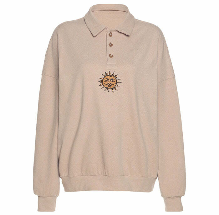 Y2K Aesthetic Sun Embroidery Button-Up Sweatshirt for Cozy Style