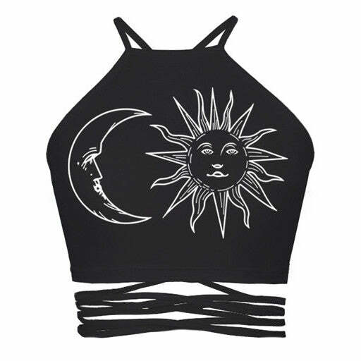 Y2K Aesthetic Sun & Moon Crop Top - Cute Pastel Goth Style