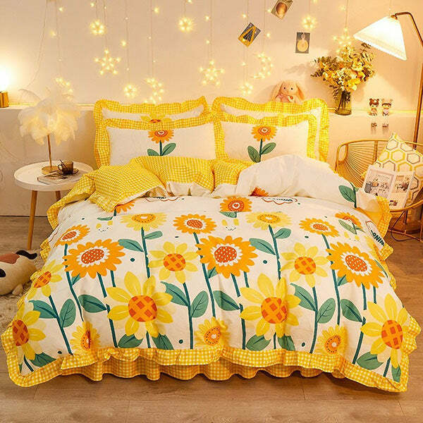 Y2K Aesthetic Sunflowers Bedding Set for Cozy, Cute Room Decor