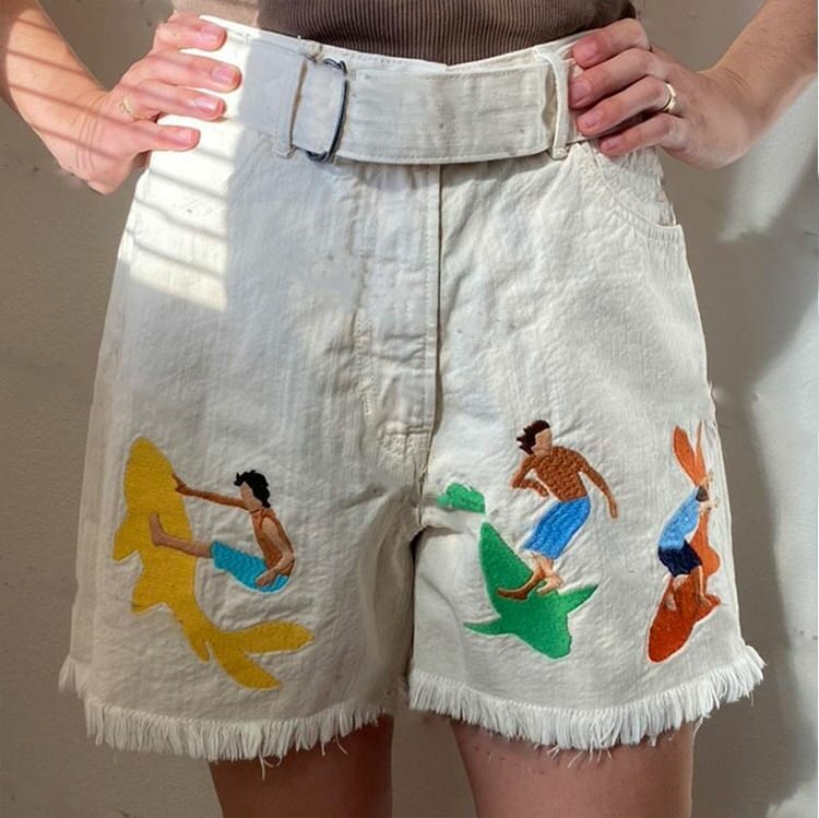 Y2K Aesthetic Surfing Sharks Embroidery Shorts for Trendy Summer Vibes