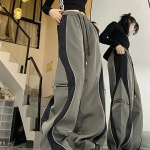 Y2K Aesthetic Techwear Contrast Wide-Leg Pants for Trendy Outfits