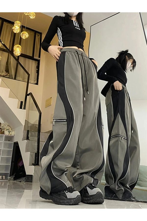 Y2K Aesthetic Techwear Contrast Wide-Leg Pants for Trendy Outfits