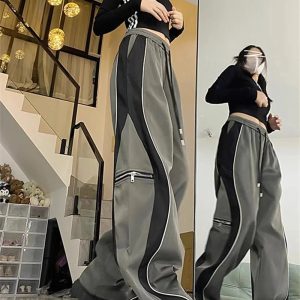 Y2K Aesthetic Techwear Contrast Wide-Leg Pants for Trendy Outfits