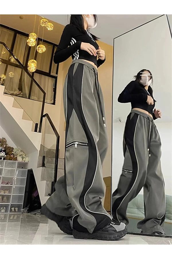 Y2K Aesthetic Techwear Contrast Wide-Leg Pants for Trendy Outfits