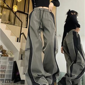 Y2K Aesthetic Techwear Contrast Wide-Leg Pants for Trendy Outfits