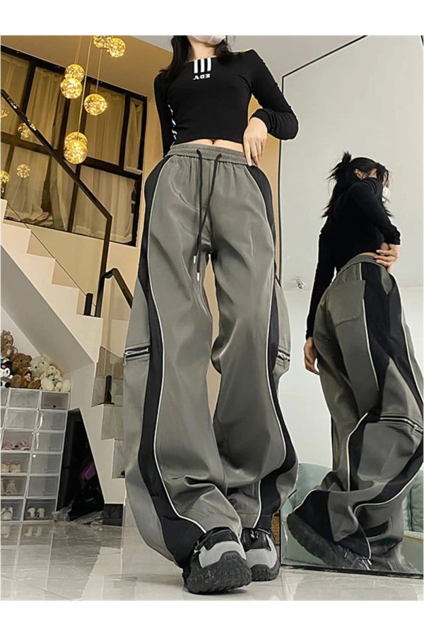 Y2K Aesthetic Techwear Contrast Wide-Leg Pants for Trendy Outfits