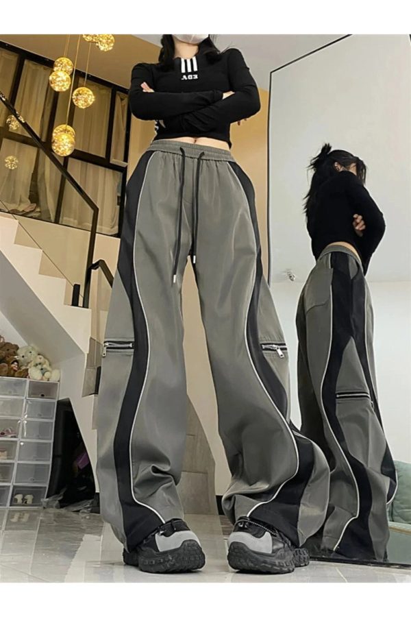 Y2K Aesthetic Techwear Contrast Wide-Leg Pants for Trendy Outfits