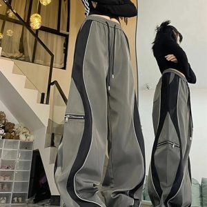 Y2K Aesthetic Techwear Contrast Wide-Leg Pants for Trendy Outfits