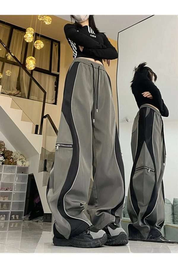 Y2K Aesthetic Techwear Contrast Wide-Leg Pants for Trendy Outfits