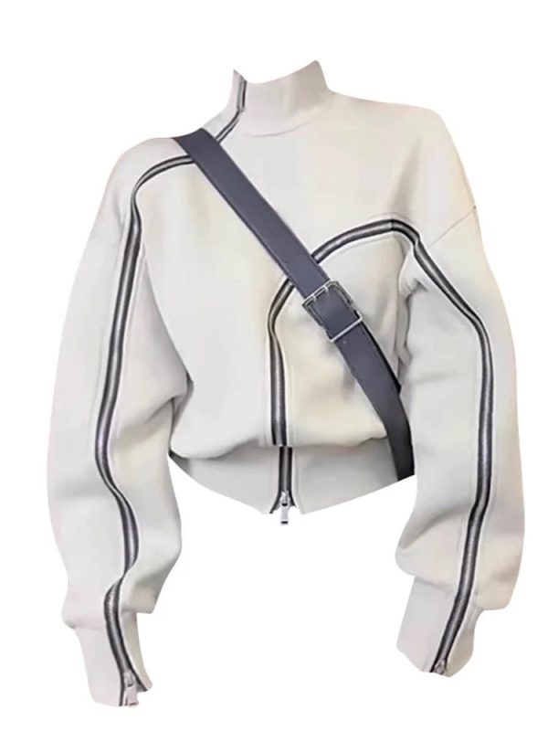 Y2K Aesthetic Techwear Zip-Up High Neck Sweater for Trendy Outfits