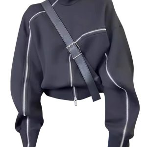 Y2K Aesthetic Techwear Zip-Up High Neck Sweater for Trendy Outfits