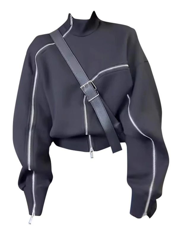 Y2K Aesthetic Techwear Zip-Up High Neck Sweater for Trendy Outfits