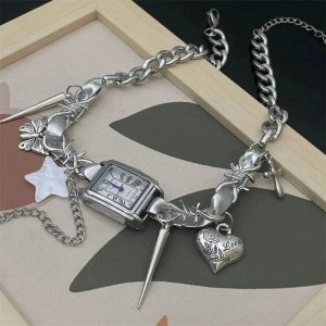 Y2K Aesthetic Timekeeper Charm Choker Necklace for Trendy Outfits