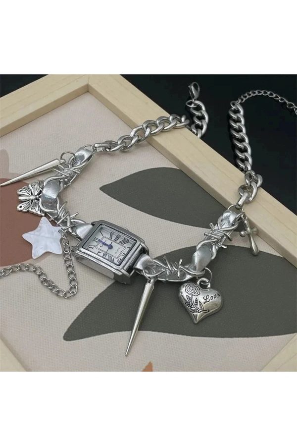 Y2K Aesthetic Timekeeper Charm Choker Necklace for Trendy Outfits