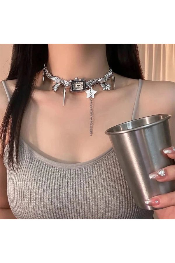 Y2K Aesthetic Timekeeper Charm Choker Necklace for Trendy Outfits