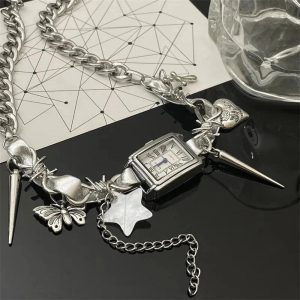 Y2K Aesthetic Timekeeper Charm Choker Necklace for Trendy Outfits