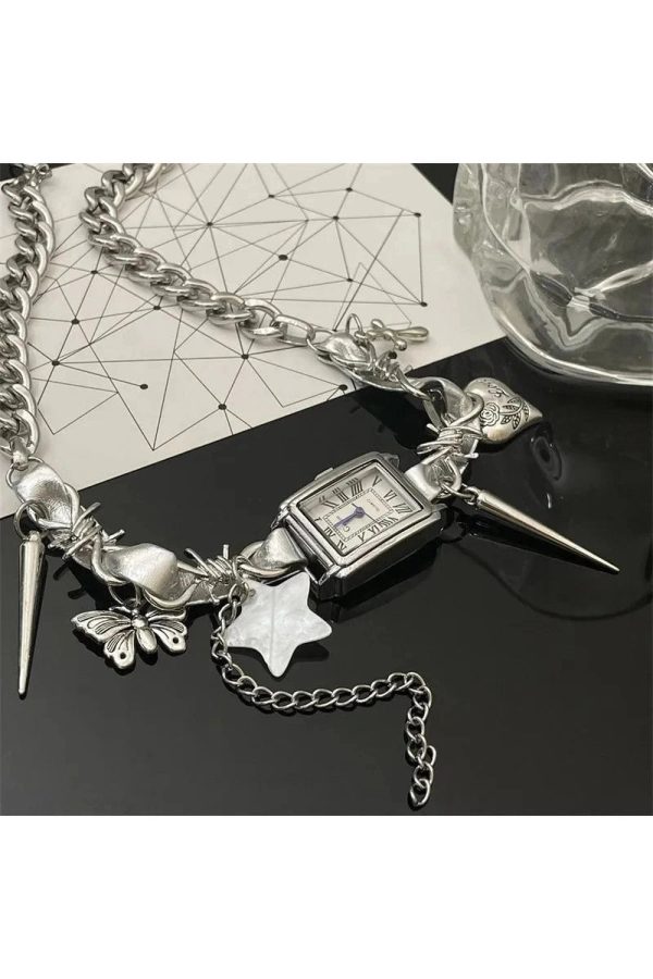 Y2K Aesthetic Timekeeper Charm Choker Necklace for Trendy Outfits