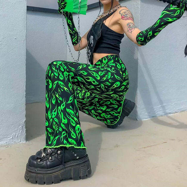 Y2K Aesthetic Toxic Flame Flared Pants for Grunge and Coquette Styles