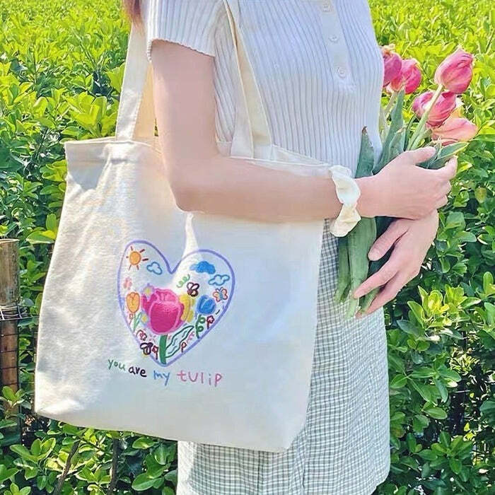 Y2K Aesthetic Tulip Embroidery Tote Bag for Cute Outfits & Styles