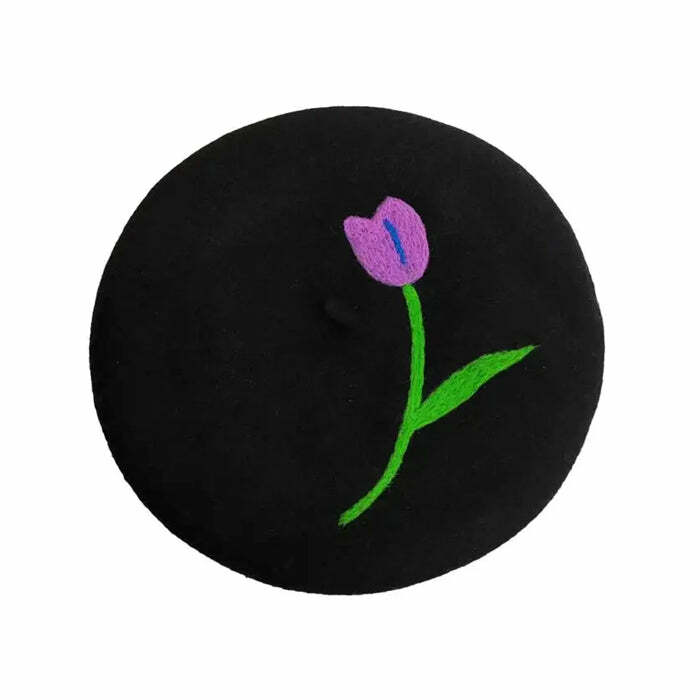 Y2K Aesthetic Tulip Embroidery Wool Beret for Cute Coquette Style