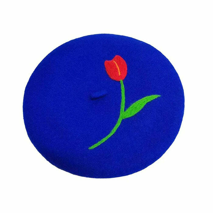 Y2K Aesthetic Tulip Embroidery Wool Beret for Cute Coquette Style