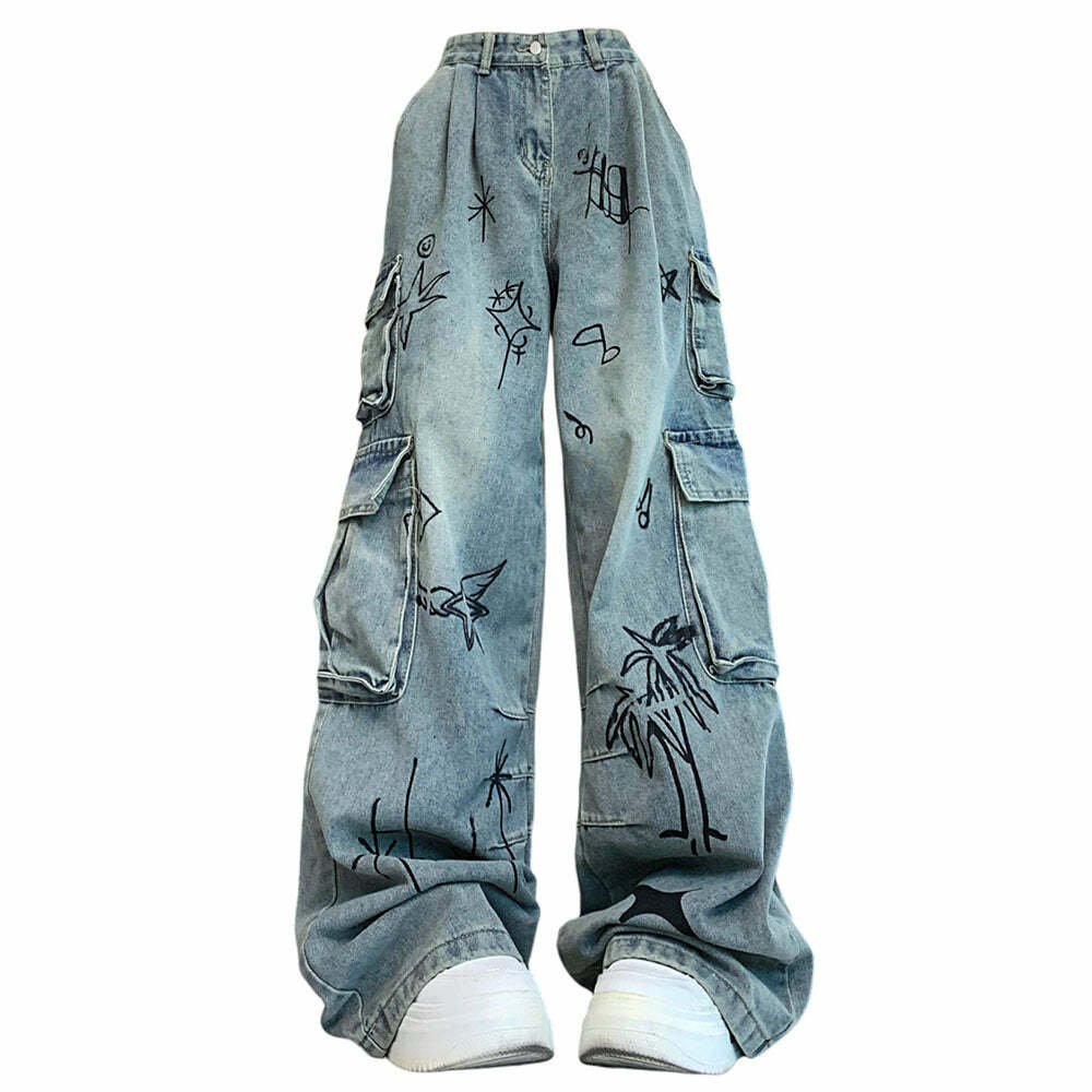 Y2K Aesthetic Urban Art Cargo Jeans for Trendy Grunge Style Outfits