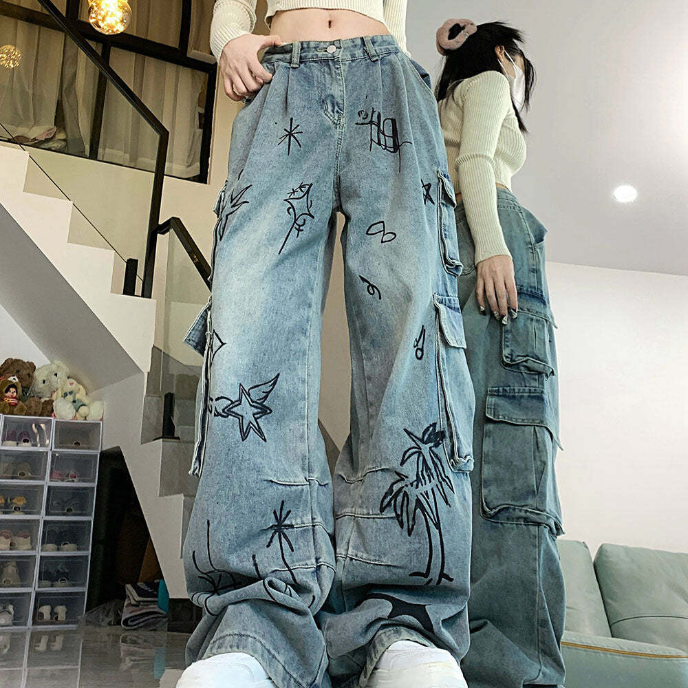 Y2K Aesthetic Urban Art Cargo Jeans for Trendy Grunge Style Outfits