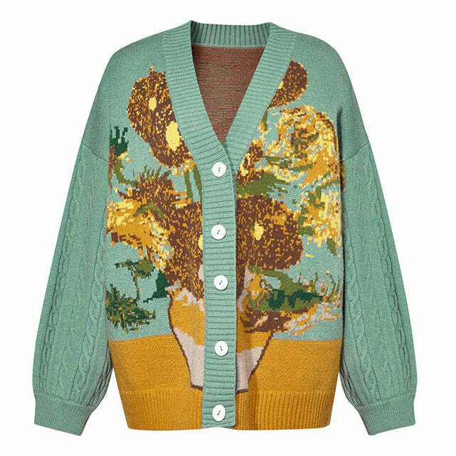 Y2K Aesthetic Van Gogh Sunflowers Knit Cardigan for Cozy Style