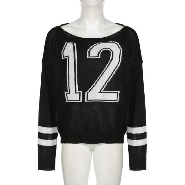 Y2K Aesthetic Varsity Rebel Off-Shoulder Sweater for Trendy Outfits