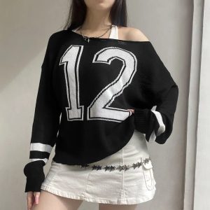 Y2K Aesthetic Varsity Rebel Off-Shoulder Sweater for Trendy Outfits