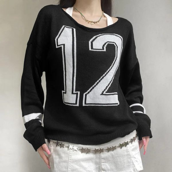 Y2K Aesthetic Varsity Rebel Off-Shoulder Sweater for Trendy Outfits