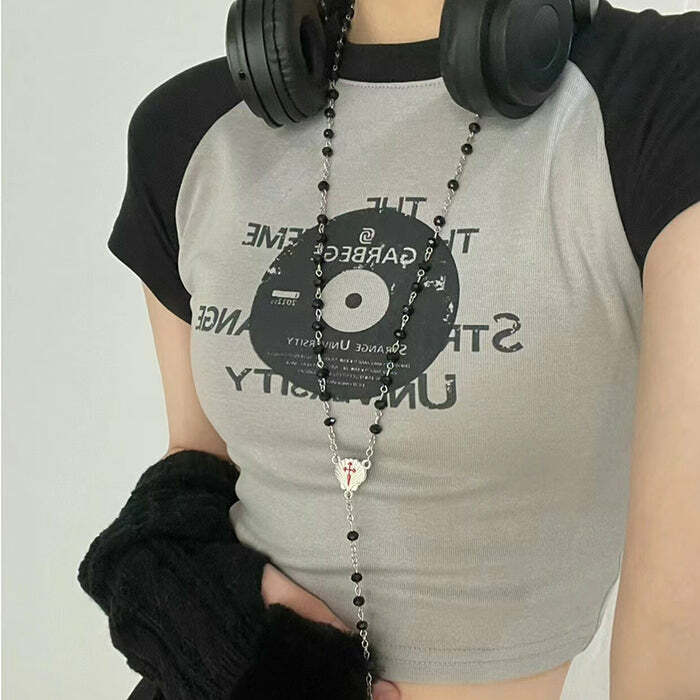 Y2K Aesthetic Vinyl Print Crop Top for Cute and Comfy Outfits