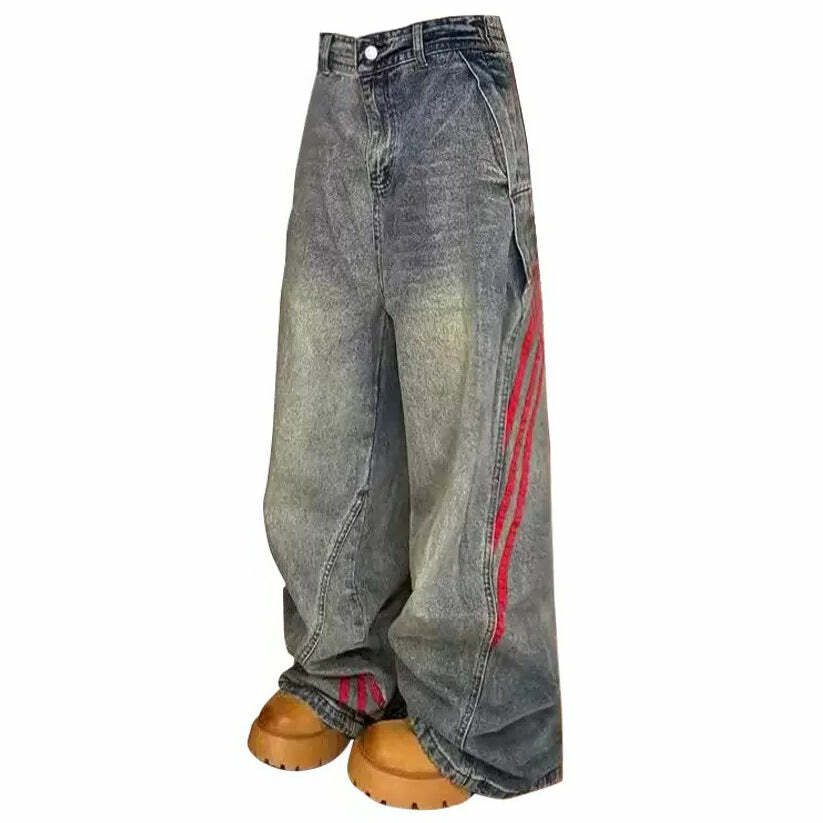 Y2K Aesthetic Wide Red Stripe Jeans for Grunge and Coquette Outfits