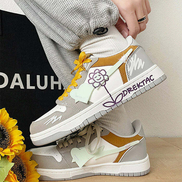 Y2K Aesthetic Yellow & Grey Flower Sneakers for Trendy Outfits