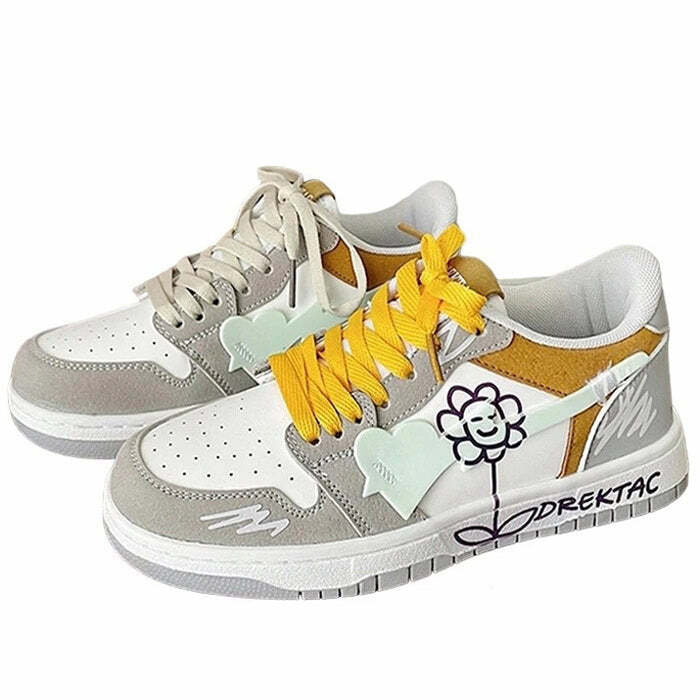 Y2K Aesthetic Yellow & Grey Flower Sneakers for Trendy Outfits