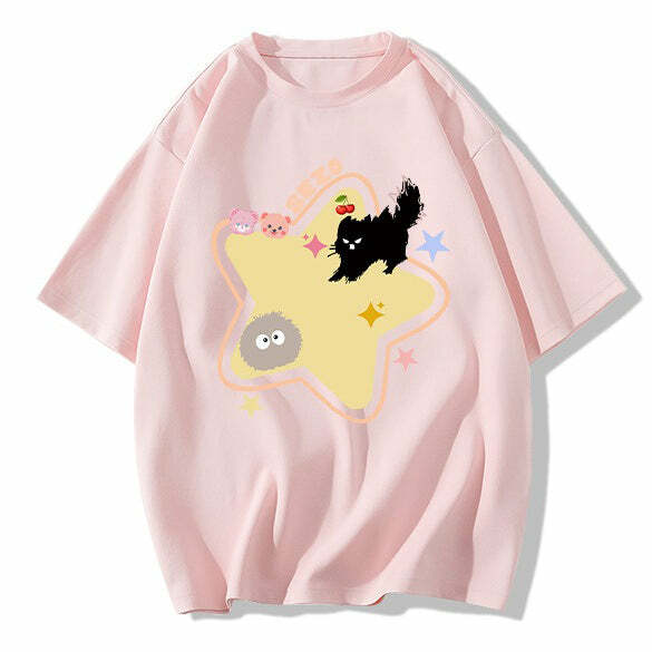 Y2K Aesthetic Yellow Star Cat T-Shirt for Cute and Comfy Outfits