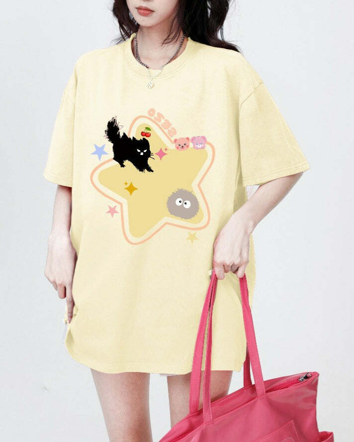 Y2K Aesthetic Yellow Star Cat T-Shirt for Cute and Comfy Outfits