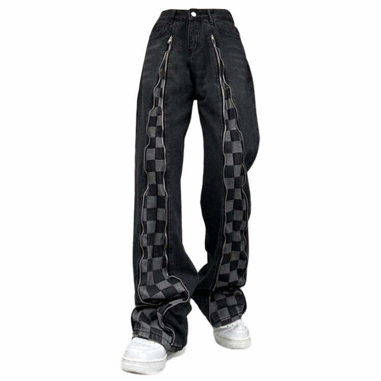 Y2K Aesthetic Zip Up Checker Jeans for Trendy Grunge Style Outfits