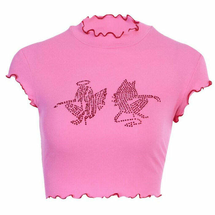 Y2K Angel & Devil Rhinestone Crop Top - Cute Aesthetic Fashion Piece