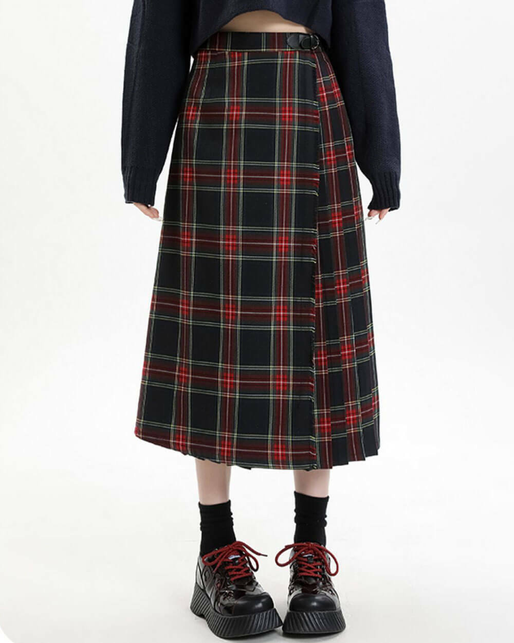 Y2K Black and Red Plaid Midi Skirt for Grunge and Coquette Aesthetic