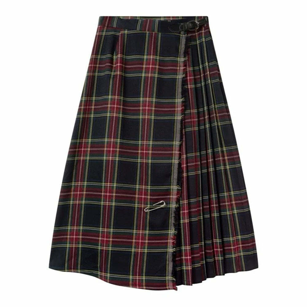 Y2K Black and Red Plaid Midi Skirt for Grunge and Coquette Aesthetic