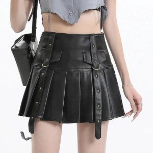 Y2K Black Buckled Pleated Mini Skirt for Grunge and Coquette Aesthetic