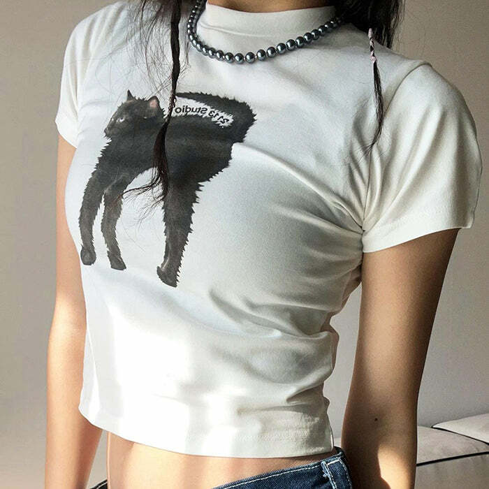 Y2K Black Cat Crop Top - Cute Grunge Aesthetic for Trendy Outfits