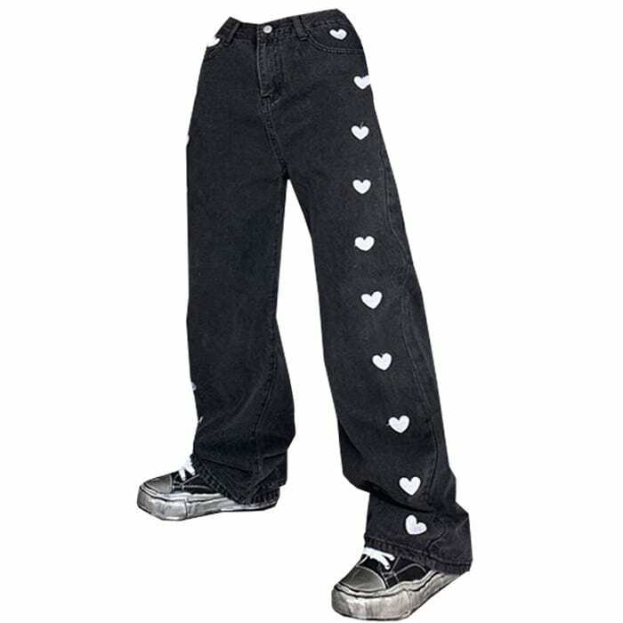 Y2K Black Hearts Jeans for Grunge Aesthetic & Coquette Style Outfits