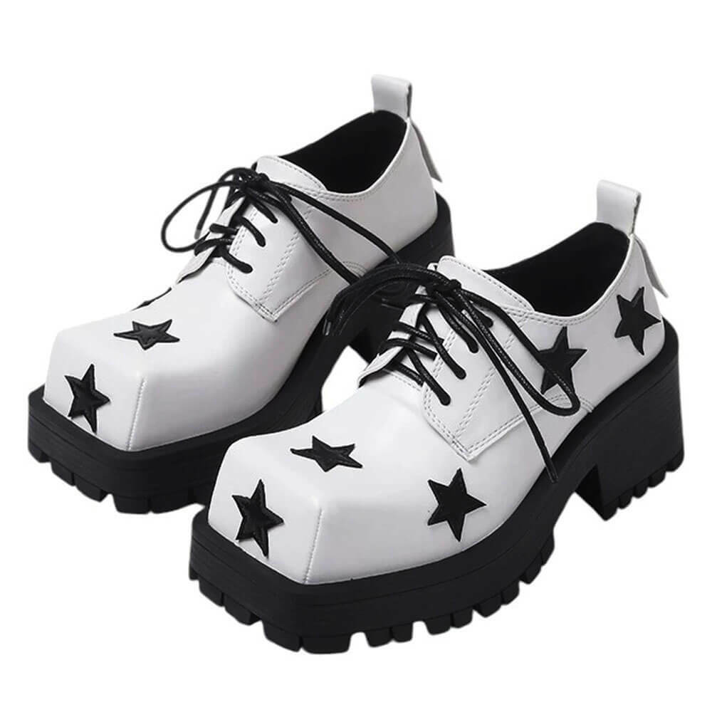 Y2K Black & White Star Platform Oxfords for Grunge and Coquette Aesthetic