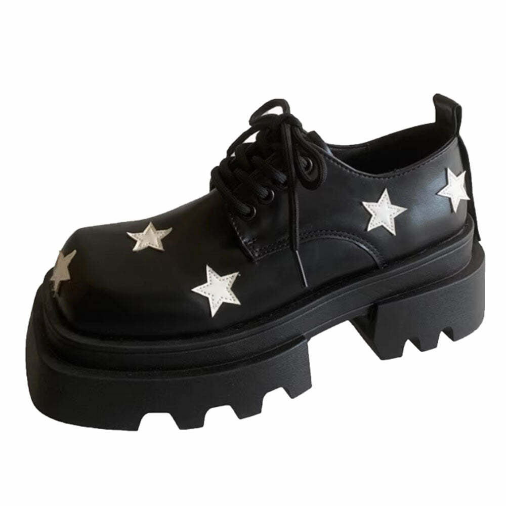 Y2K Black & White Star Platform Oxfords for Grunge and Coquette Aesthetic