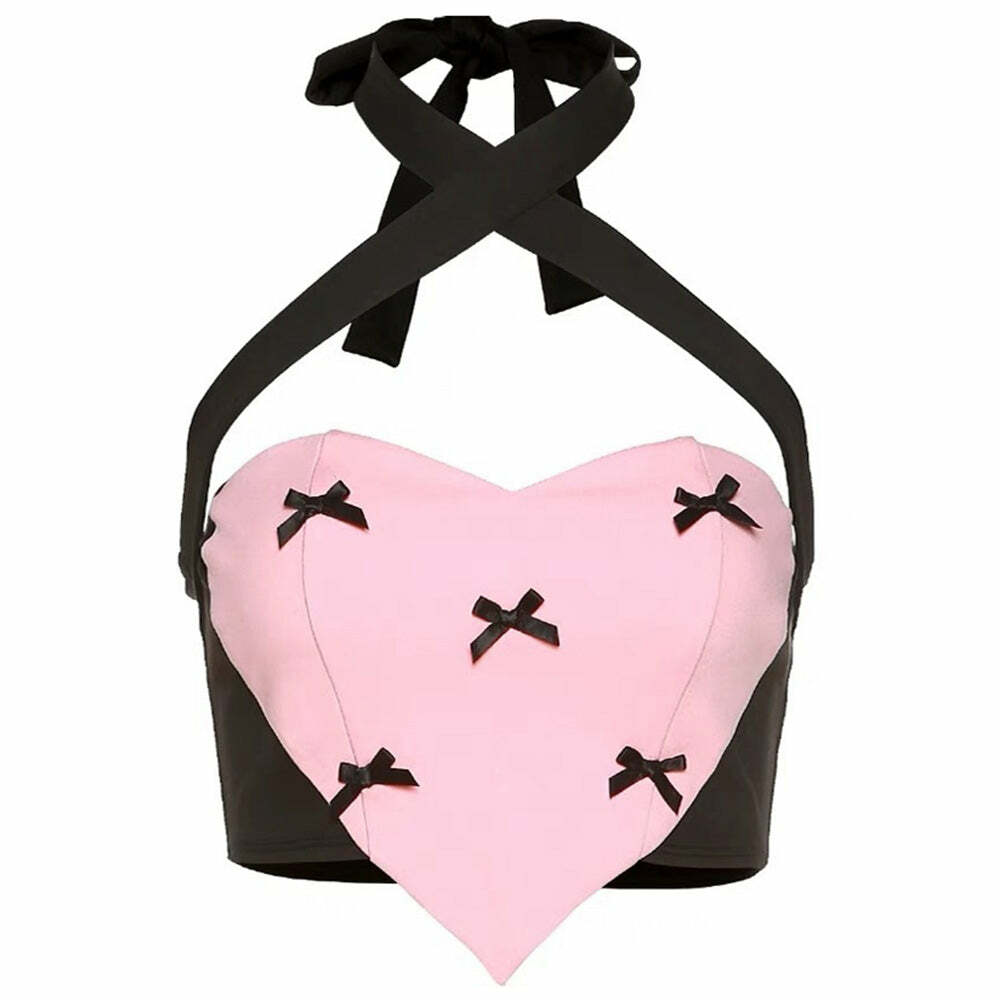 Y2K Bow Heart Halter Top - Cute Coquette Aesthetic for Trendy Outfits